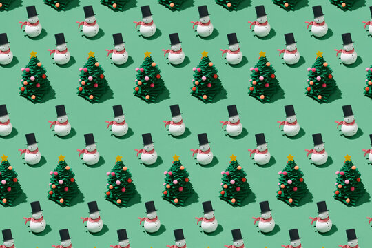 Seamless pattern with Christmas trees and snowmen
