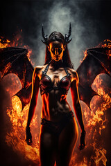 Fototapeta na wymiar Sensual seductive sexy female devil with flames and fire in hell. Designed using generative ai. 