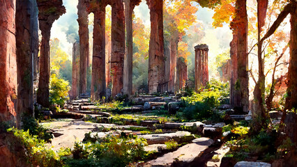 forest old ruin of Greek city or Roman empire historical illustration art Generative AI Content by Midjourney