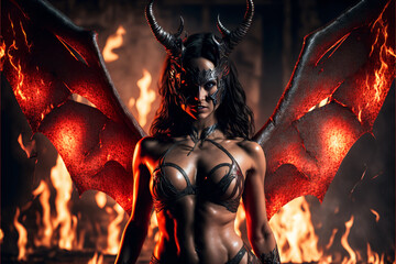 Demonic sexy female devil or vampire with flames and fire. Designed using generative ai. 