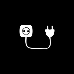 Doodle plug electric cable and power socket. Hand drawn icon isolated on black background.