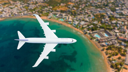 Airplane flying over beach with palm tree, white sand and turquoise ocean © Angelov
