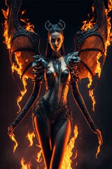Sensual seductive sexy female devil with flames and fire in hell. Designed using generative ai. 