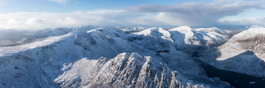 Tryfan and Glyder Fach Mountain Aerial in the Ogwen Valley
