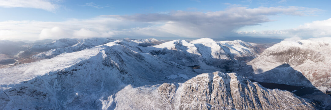 Tryfan and Glyder Fach Mountain Aerial in the Ogwen Valley