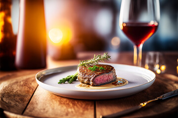 Steak dinner with wine at sunset