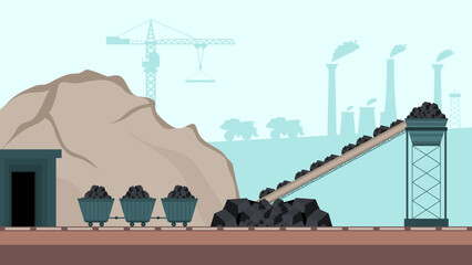Coal mining industry conveyor and transportation set flat elements isolated building