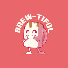Coffee Mug character, feeling beautiful vector illustration. Drinks, inspiration, motivation design concept.