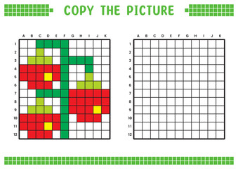 Copy the picture, complete the grid image. Educational worksheets drawing with squares, coloring cell areas. Children's preschool activities. Cartoon vector, pixel art. Cherry tomato illustration.