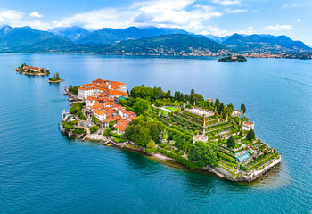Aerial view of Isola Bella, in Isole Borromee archipelago in Lake Maggiore, Italy - obrazy, fototapety, plakaty