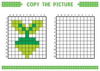 Fototapeta premium Copy the picture, complete the grid image. Educational worksheets drawing with squares, coloring cell areas. Children's preschool activities. Cartoon vector, pixel art. Radish illustration.