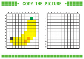 Copy the picture, complete the grid image. Educational worksheets drawing with squares, coloring cell areas. Children's preschool activities. Cartoon vector, pixel art. Ripe banana illustration.