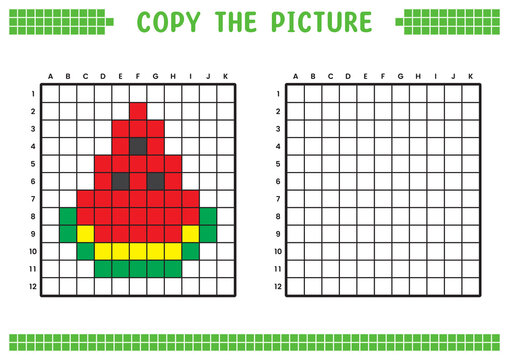 Copy the picture, complete the grid image. Educational worksheets drawing with squares, coloring areas. Children's preschool activities. Cartoon vector, pixel art. Cut red watermelon illustration.