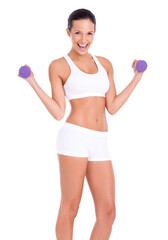 An attractive young woman lifting dumbbells isolated on a PNG background.