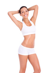 Fototapeta na wymiar Portrait of a fit young woman in exercise gear raising her both hands isolated on a PNG background.