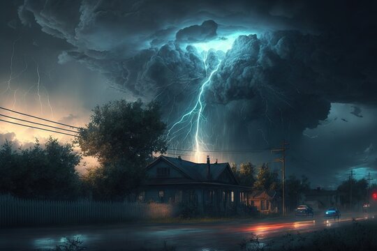 Heavy thunderstorms with big winds and striking lightning on the night generative ai