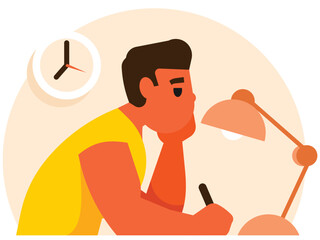 Student writes in a notebook sitting at the table. Vector graphics