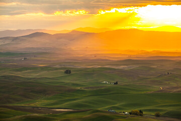 Scenic view of landscape against cloudy sky during sunset