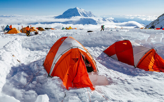 Tents at 14k camp on Denali in Denali National Park and Preserve