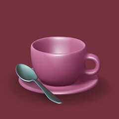 3D realistic ceramic cup with saucer and spoon on purple background. Empty pink porcelain cup for tea, coffee or other hot drink. Mockup of mug on plate for restaurant and cafe. Vector illustration.