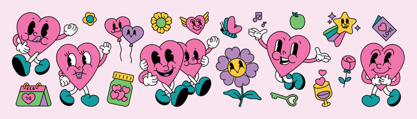 70s groovy doodle element vector set. Cute comic retro hippie collection of playful hearts, flowers, key, balloon, calendar, apple, butterfly. Design for valentine card, decorative, sticker, print.