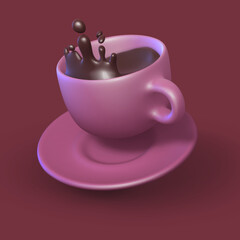 3D pink cup with splash of coffee or hot chocolate in motion. Falling porcelain mug on purple background. Green cup of hot drink on plate. Vector illustration.