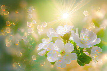 Closeup of white flowers illuminated by light,spring flowers background
