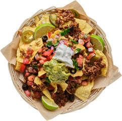 tex-mex mexican nachos supreme in basket shot with top down view and isolated - 564962358