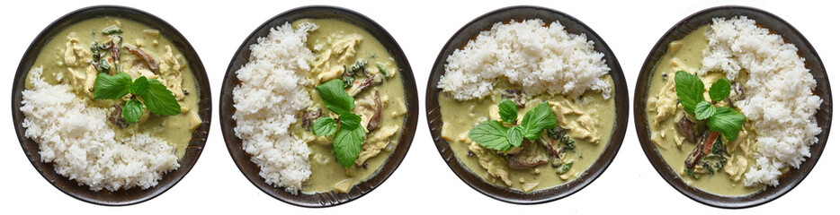 thai green curry chicken on plate with rice in 4 variations shot with consistent lighting and scale...