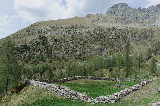 Rural life. Stone fence for cattle in the mountains