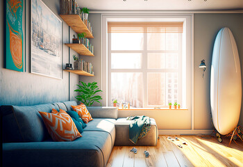 Habitación de apartamento moderno bohemio con gran ventanal luminoso, de día, generative ai. - obrazy, fototapety, plakaty
