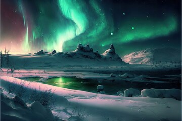  a painting of a green aurora bore above a snowy landscape with a lake and mountains in the foreground and a green aurora bore above.  generative ai