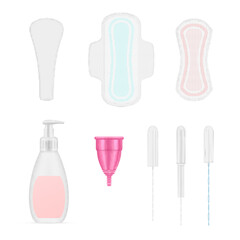 Feminine personal hygiene products set realistic vector monthly blood drop protection care