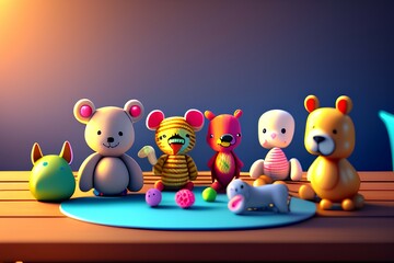 Set of different cute toys on wooden table in children's room - generative ai
