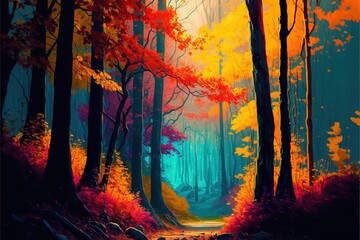 Obraz na płótnie Canvas a painting of a forest with a path leading through it and trees with orange leaves on the ground and a yellow light coming from the trees. generative ai