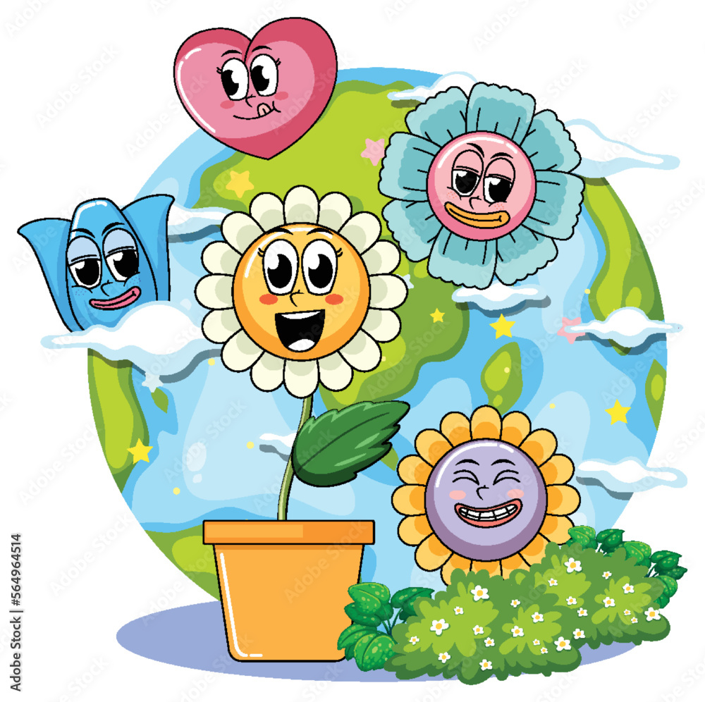 Poster Earth globe with funny cartoon characters