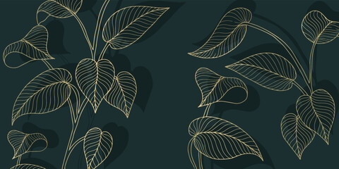Luxury vector illustration on a dark green background with golden branches with leaves for wallpapers, backgrounds, presentations, designs