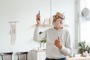 Happy senior man dancing while listening to music with headphones - active old people and enjoyment dance mood