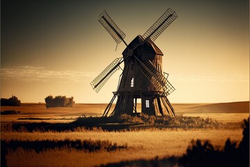 Fototapeta na wymiar Windmill sunset. Generative AI.