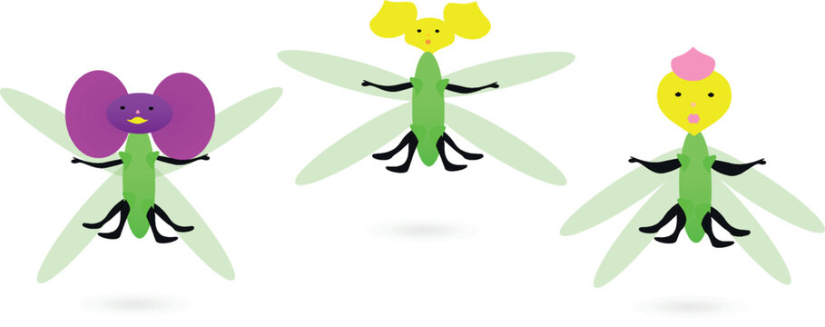 Cute butterflies or bugs, or dragonfly, or grasshopper,or cicada, or grig . Cartoon characters in flat style. Vector illustration isolated on a white.
