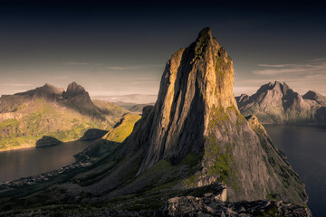 The epic Segla mountain viewed from Mount Hesten at sunset,  Senja Island, Norway