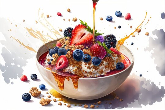  A Bowl Of Cereal With Fruit And Syrup On Top Of It, With A Spoon Pouring Syrup On It, And Scattered Scattered Berries And Nuts Scattered Around.  Generative Ai