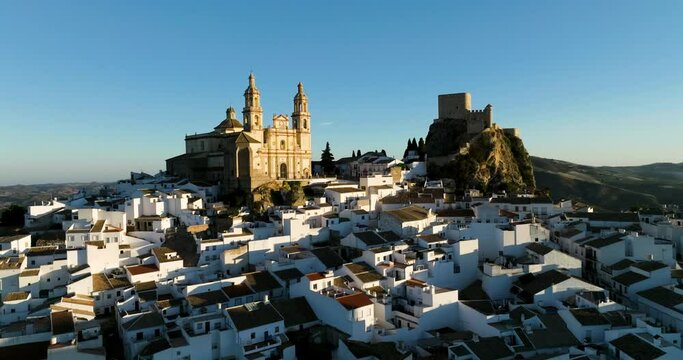 Hilltop Town Of Olvera With Catholic Church And A Fortress In C&aacute;diz, Andalusia, Spain. Aerial Shot