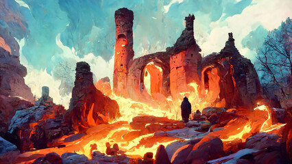 Medieval style and features fire cave illustration Generative AI Content by Midjourney