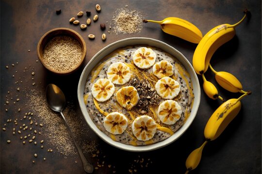  a bowl of oatmeal with bananas and chia seeds on a table with a spoon and spoon next to it and a bowl of oats.  generative ai