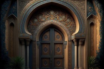 Obraz premium A beautiful architectural design of the entrance door to the mosque. Decorative door. generative ai