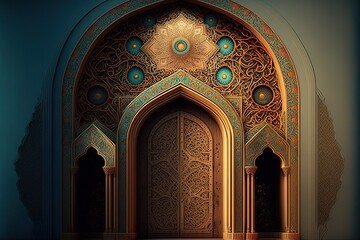 A beautiful architectural design of the entrance door to the mosque. Decorative door. generative ai
