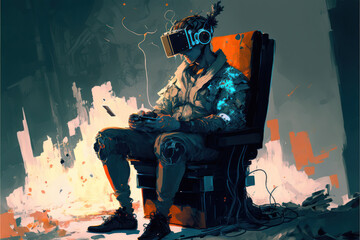 Young Man sits playing in the metaverse on his VR Headset, Abstract Art, Digital Illustration, Generative AI