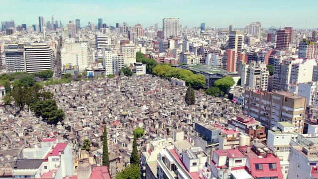 Aerial view of Recoleta Cemetery surrounded by the residential buildings of a wealthy area, sunny day.