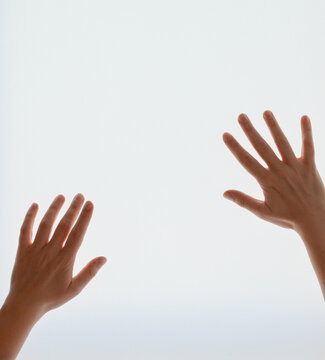 Hands Trying To Touch Or Reach Out Someone Or Something On White Background. Minimal Arm Concept. Hands Gesture.